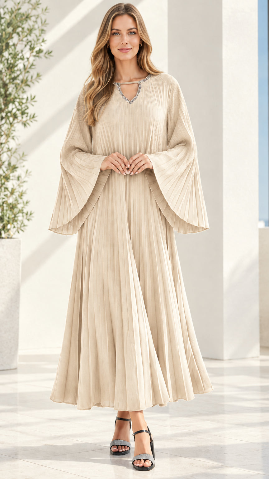 Front view of beige champagne pleated bell sleeve formal maxi dress