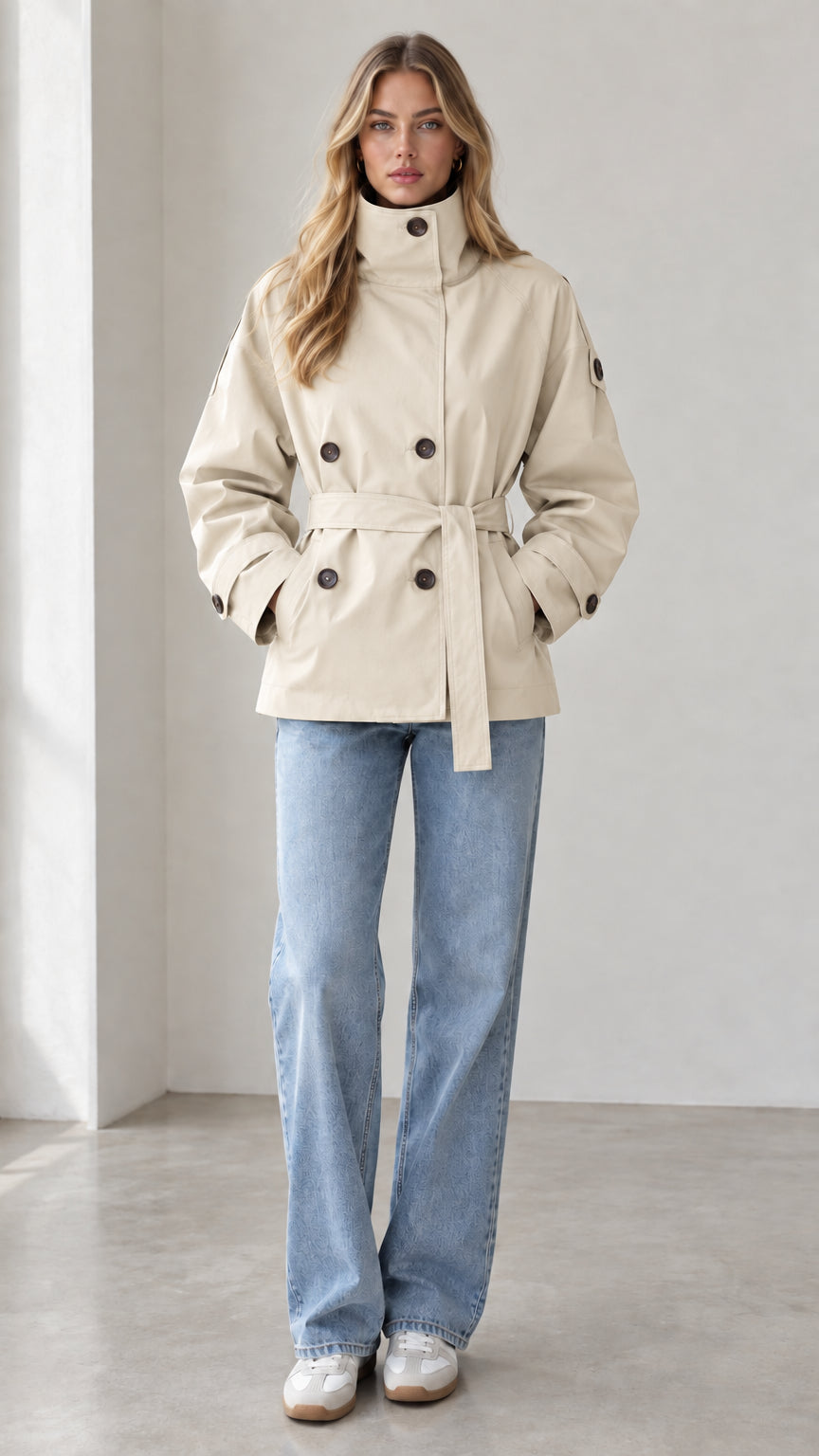 Model wearing light beige short belted trench coat with denim jeans