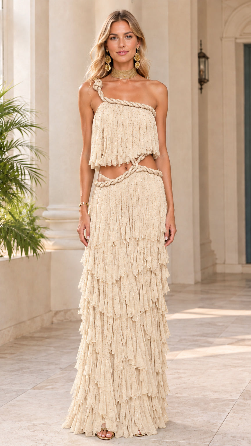 Front view of model wearing beige one-shoulder tiered ruffle cutout maxi dress