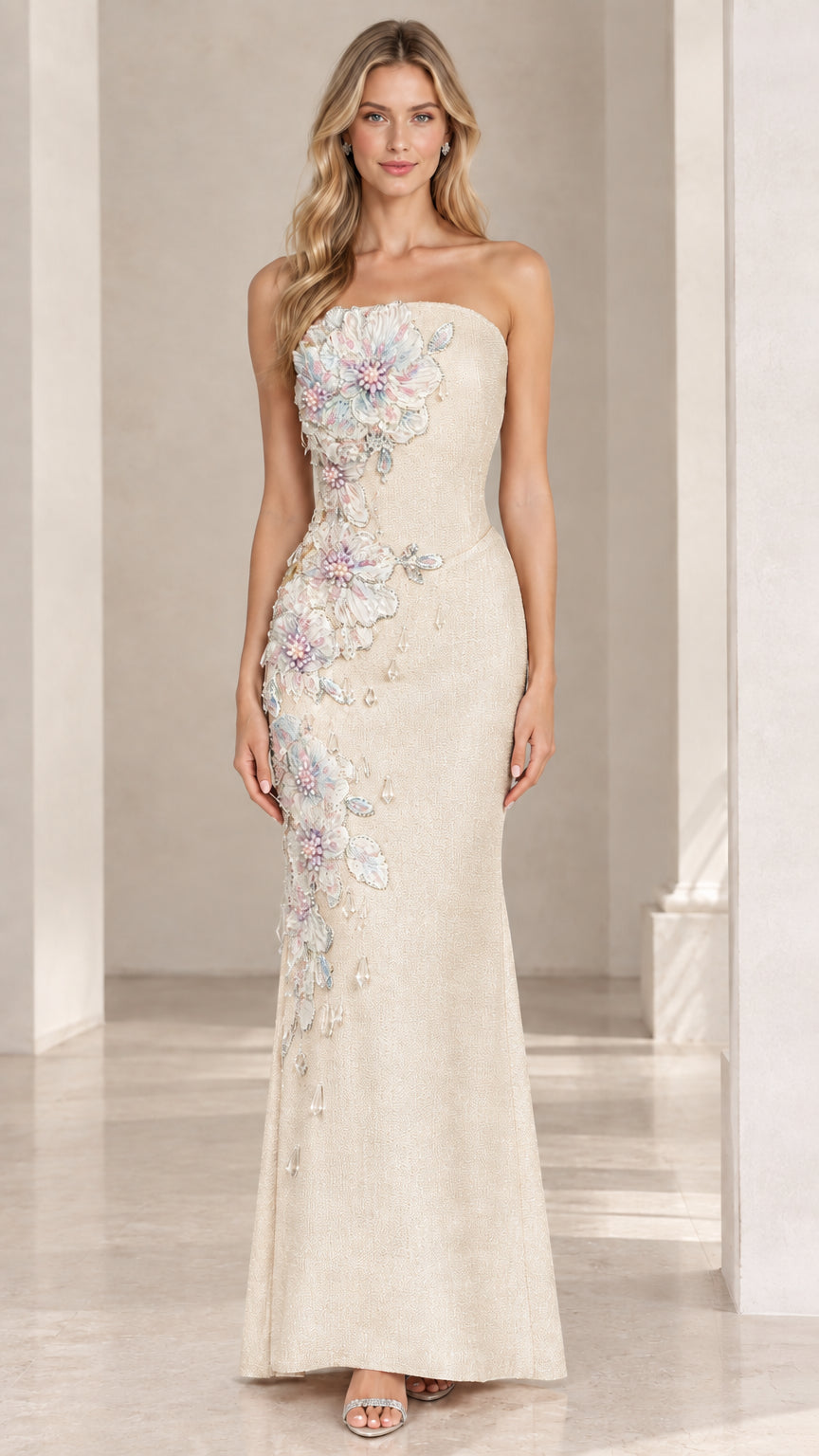 Front view of champagne strapless formal evening dress with floral embroidery
