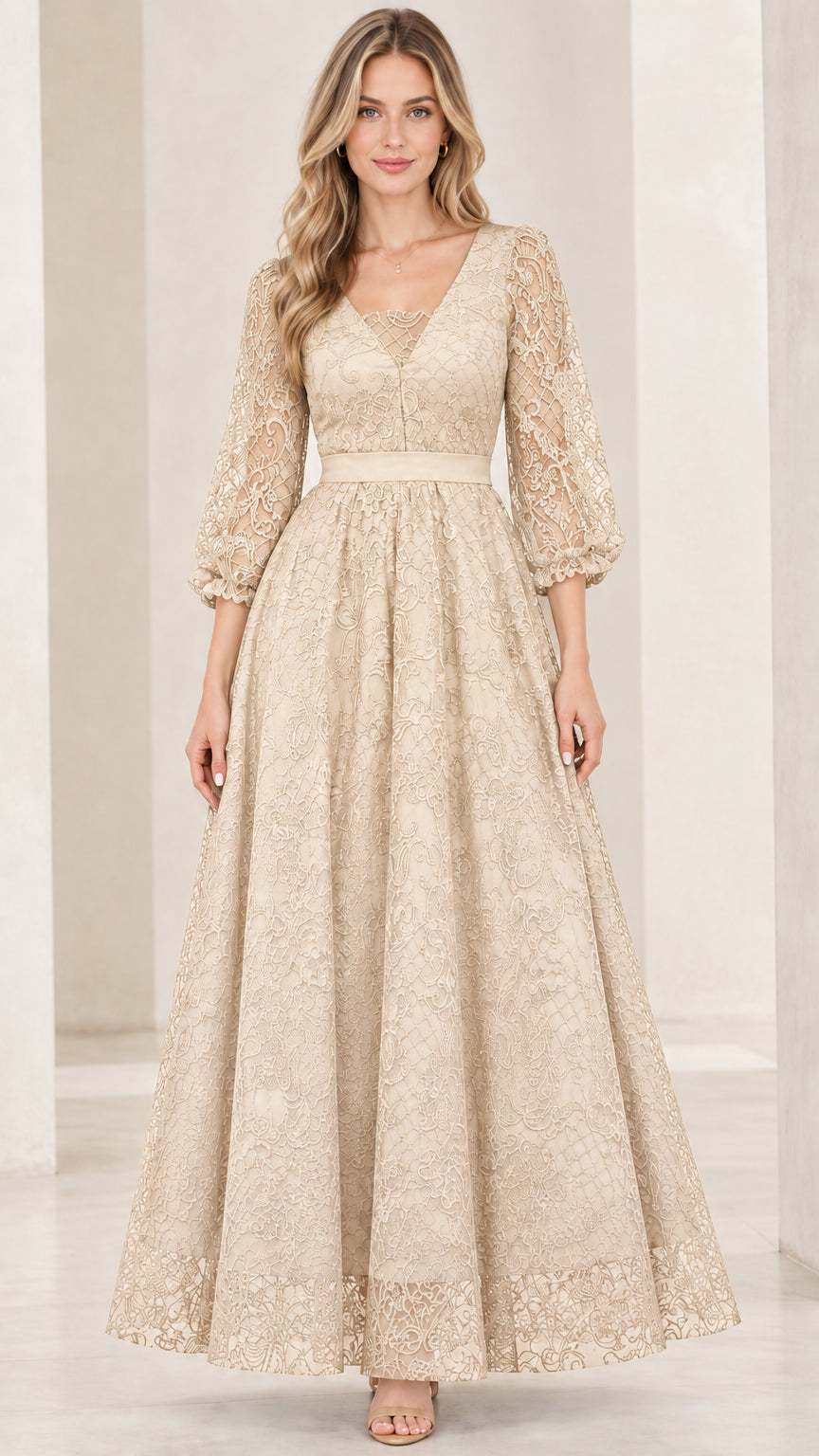 Champagne beige lace V-neck evening gown