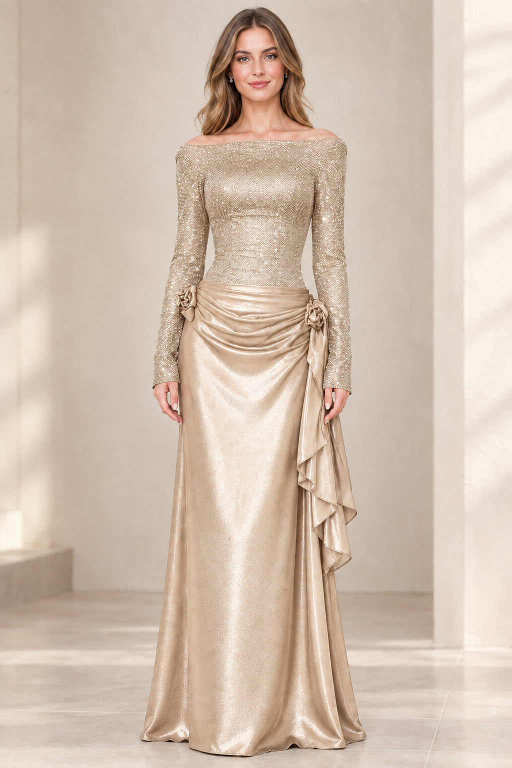 Model wearing Champagne gold off-the-shoulder satin evening gown