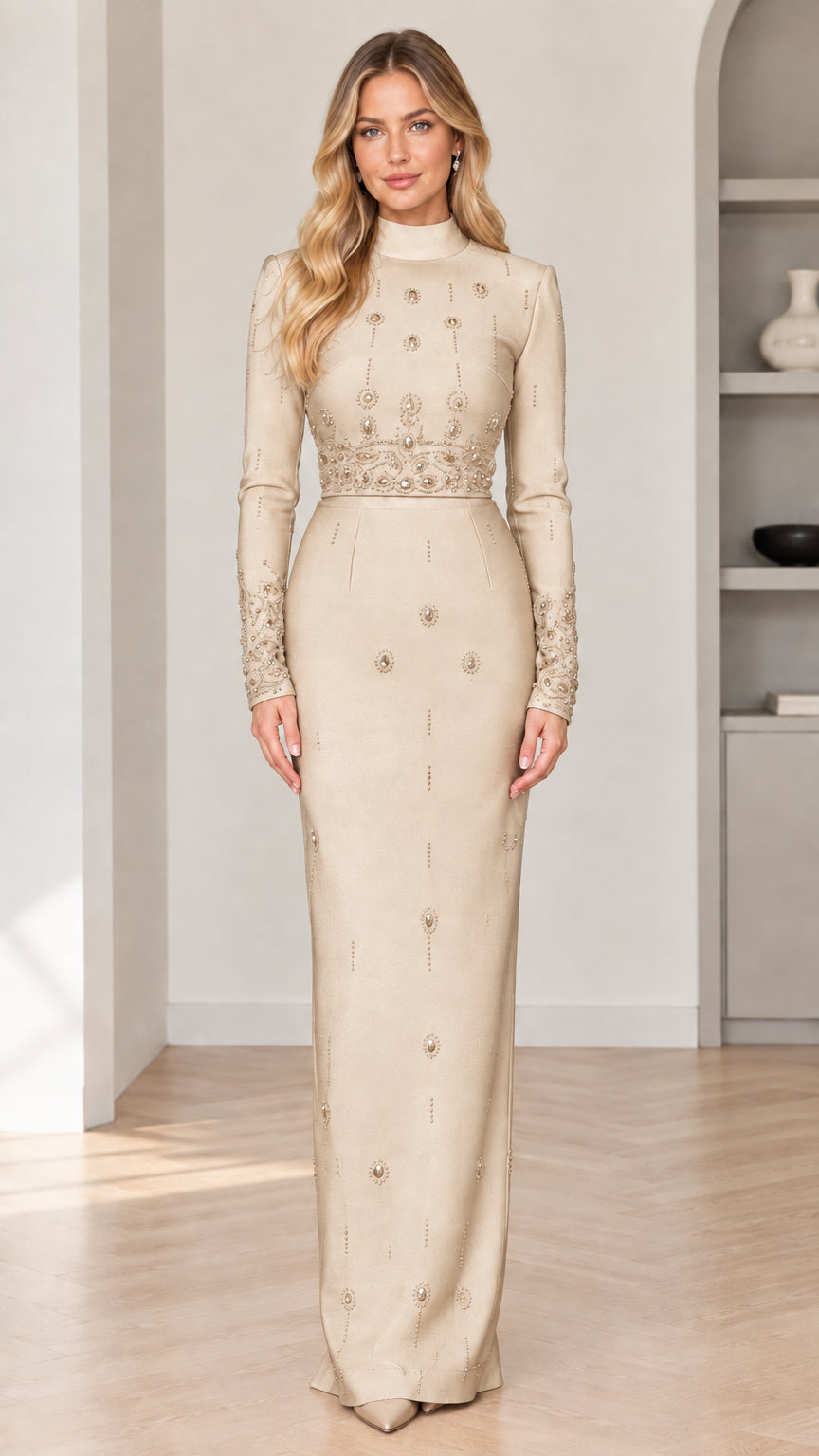 Front view of model wearing champagne beige mock neck long sleeve beaded maxi evening dress