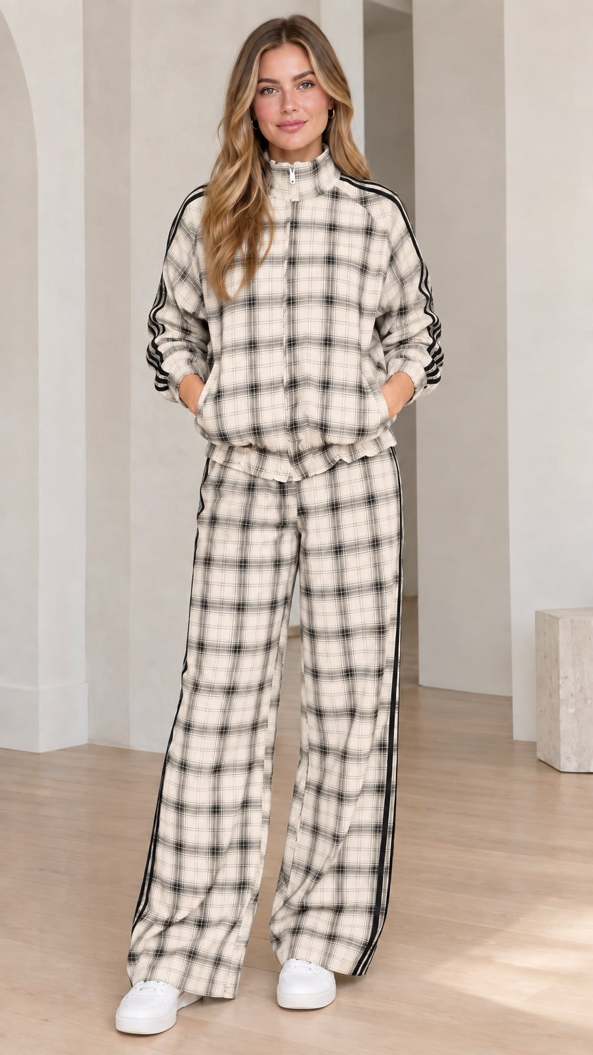 Women's cream beige plaid two-piece track pant and jacket set
