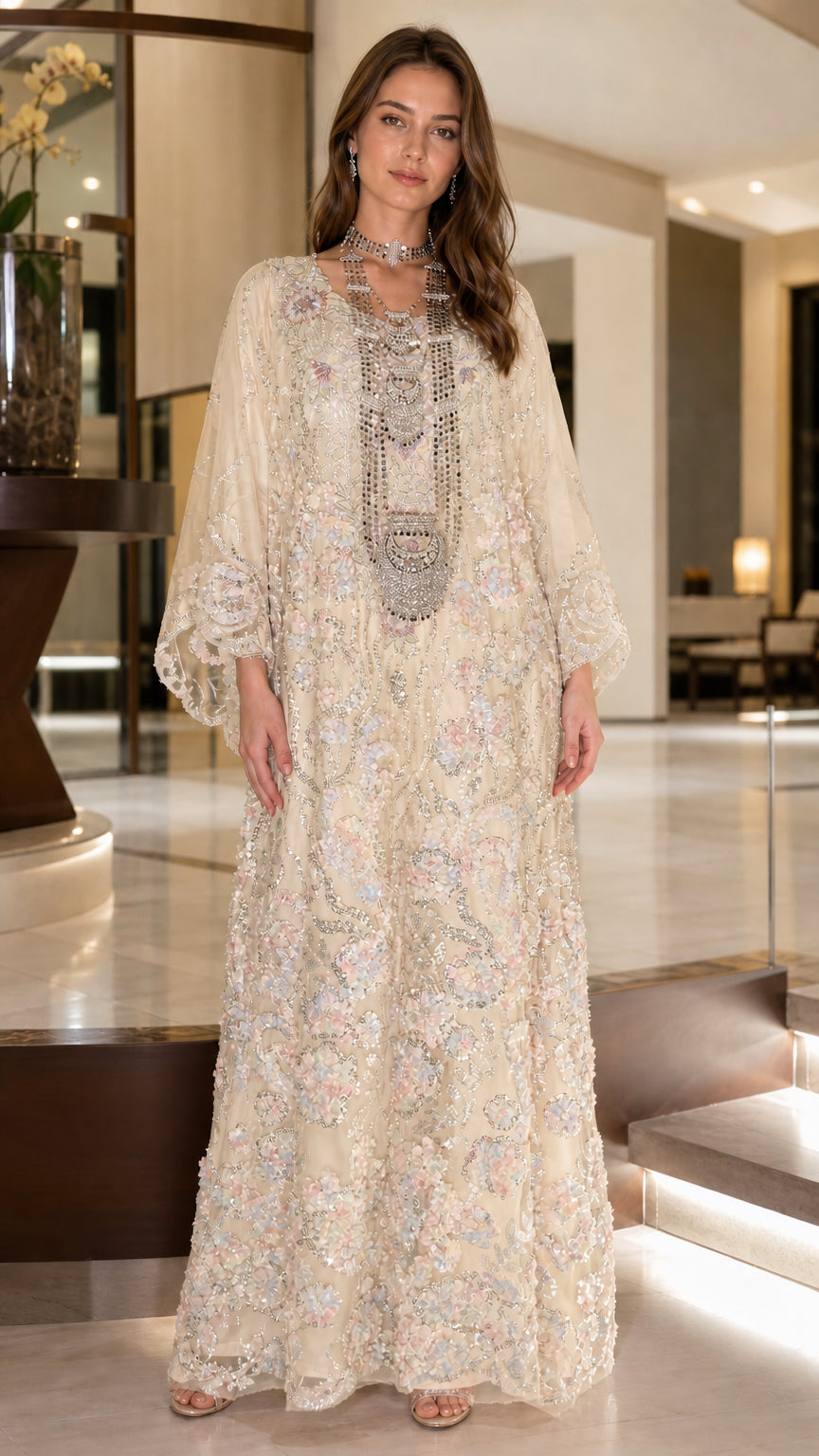 Full front view of champagne cream floral sequin embroidered kaftan maxi dress