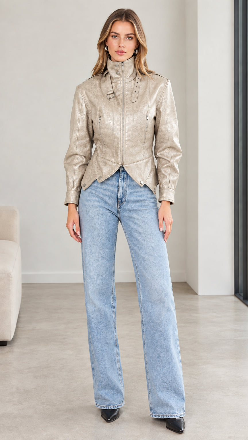 Front view of model wearing champagne metallic faux leather moto jacket
