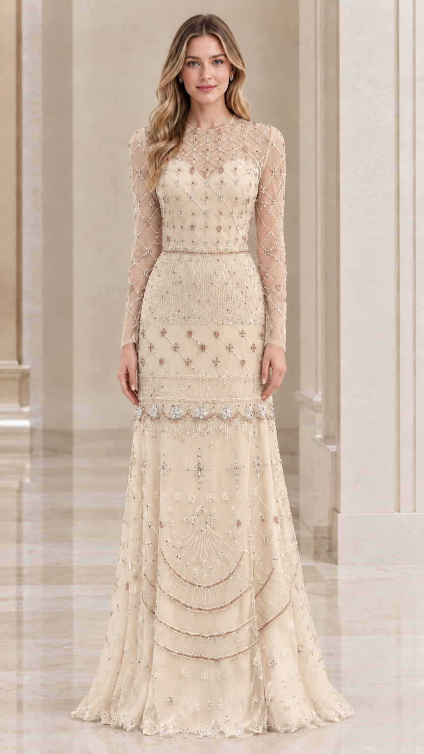 Front view of champagne cream beaded long-sleeve formal maxi dress