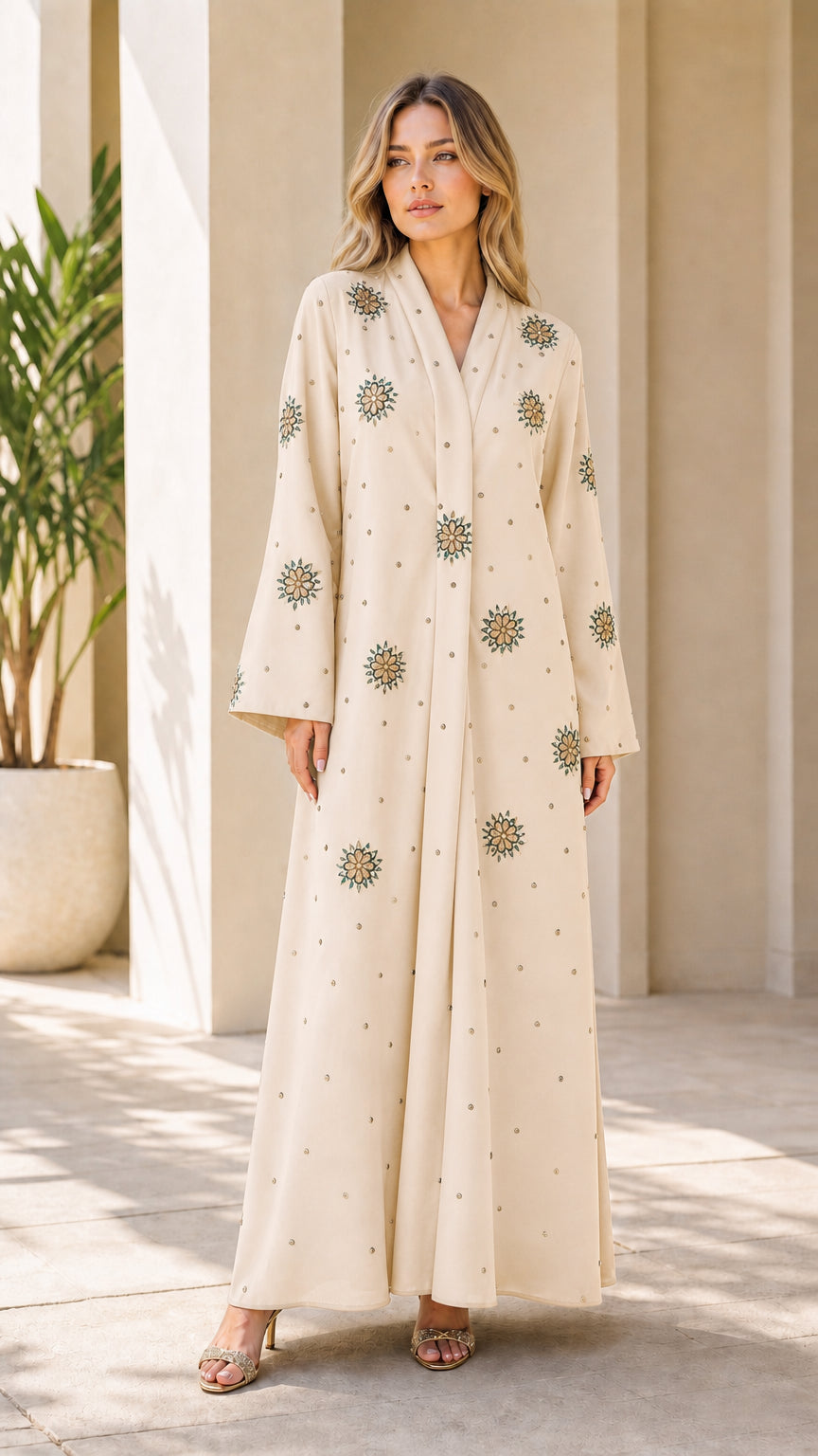 Front view of cream beige embellished elegant modest maxi dress