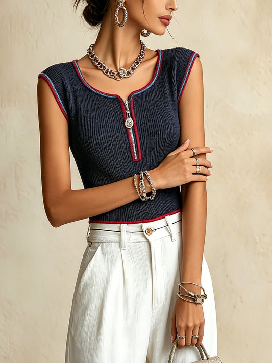 Navy Ribbed Knit Tank Top With Zip Neck And Contrast Trim