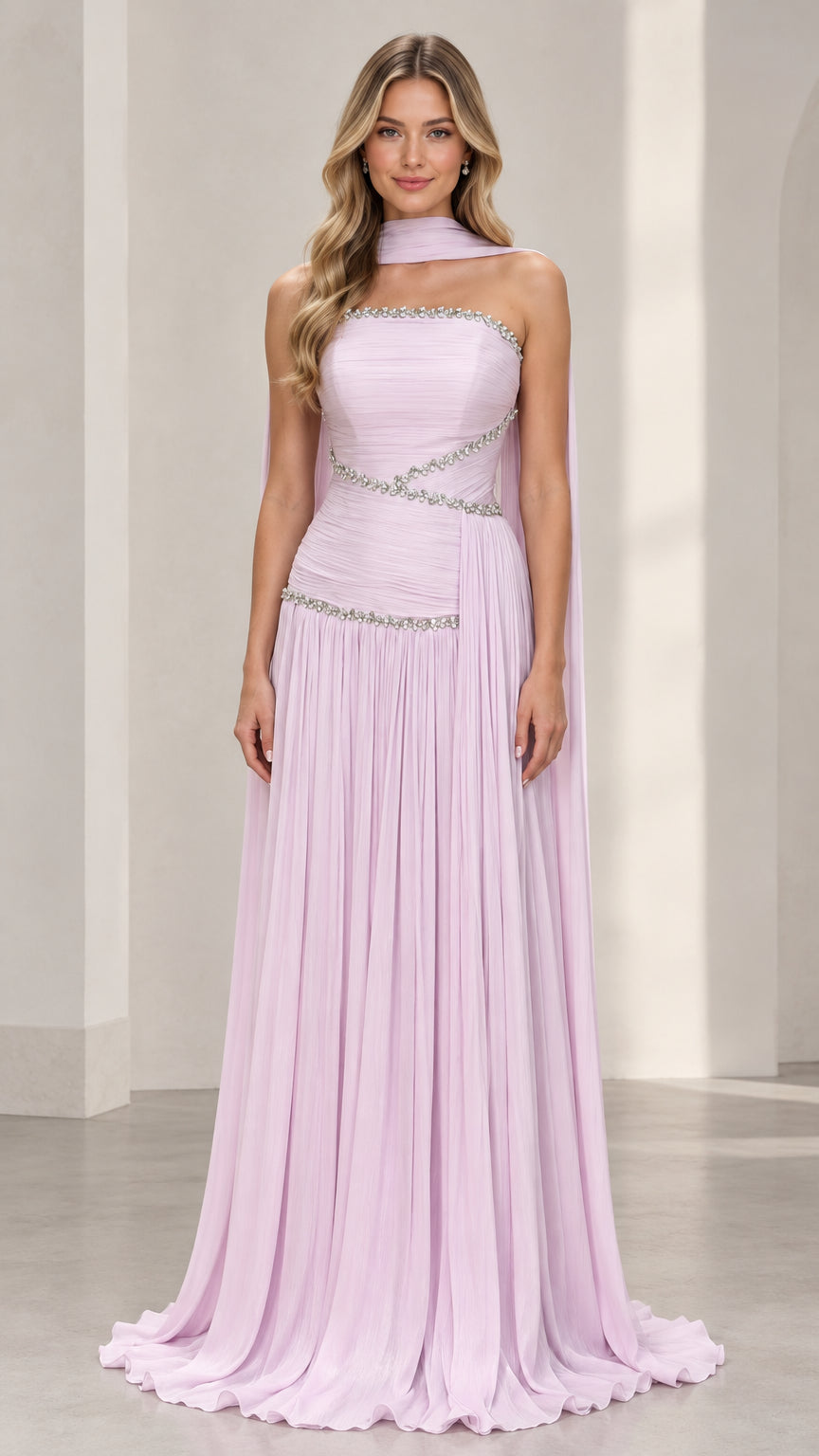 Front view of lavender strapless pleated chiffon evening gown with rhinestone trim and neck scarf