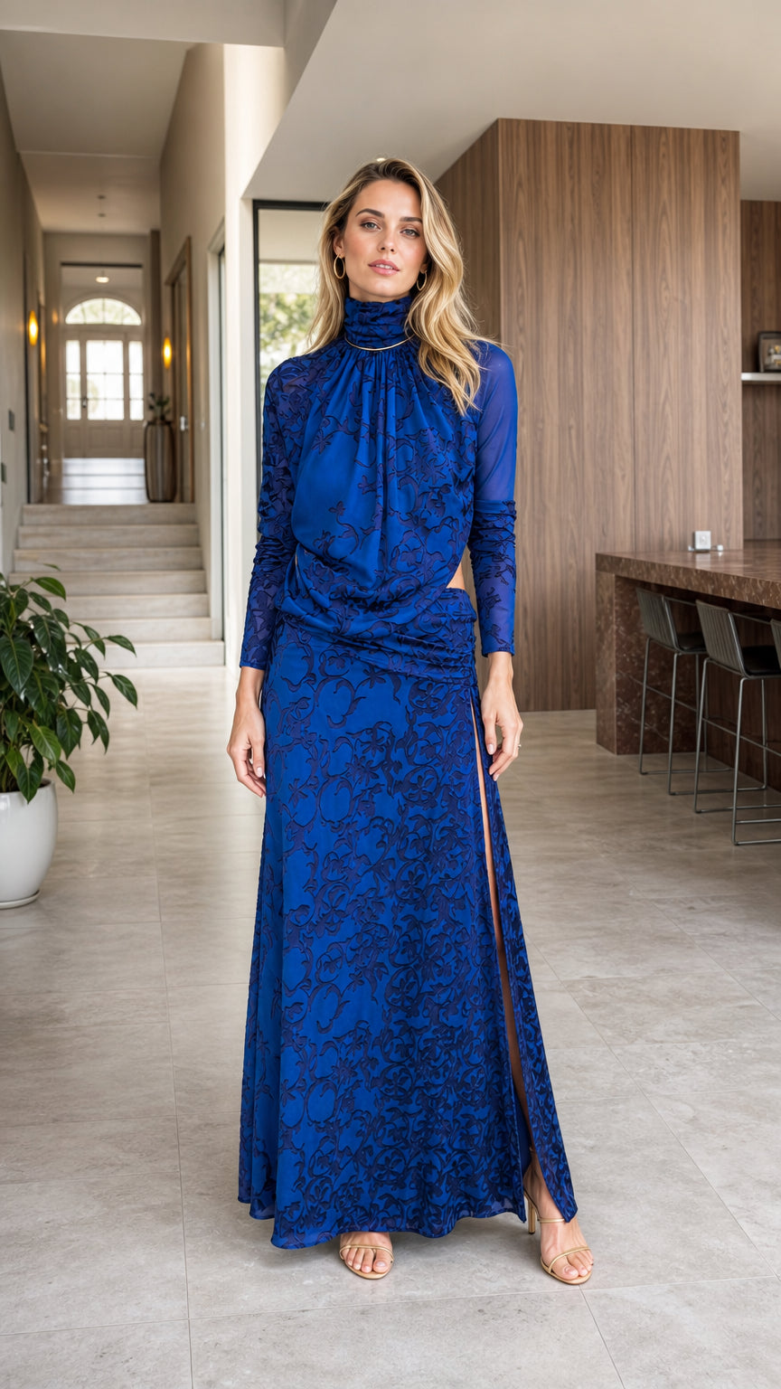 Model wearing royal blue high neck cutout lace maxi dress front view