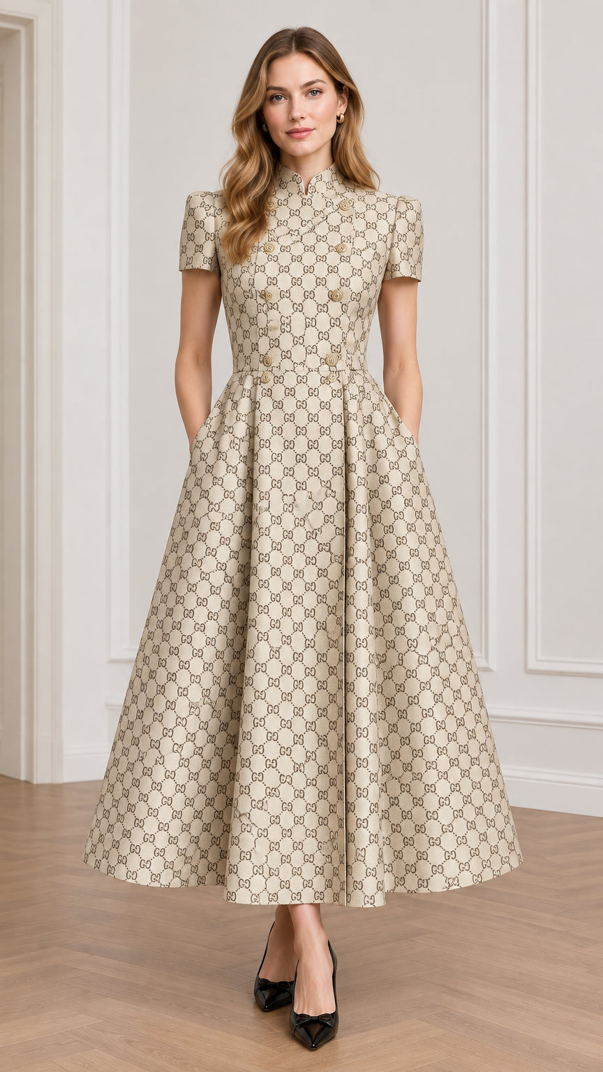 Front view of model wearing beige stand collar jacquard A-line midi dress with pockets