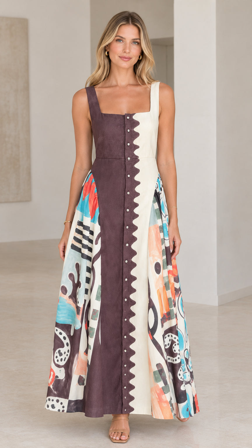 Front view of model wearing chocolate brown and cream scalloped button-front maxi dress with abstract print skirt