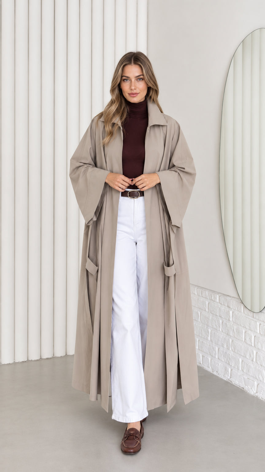 Women's oversized taupe maxi trench duster coat front view with wide sleeves