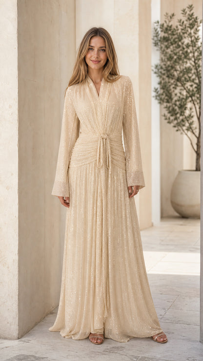 Champagne pleated shimmer long sleeve maxi dress front view
