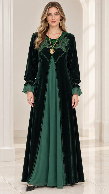 Emerald Green embroidered velvet long sleeve maxi dress front view