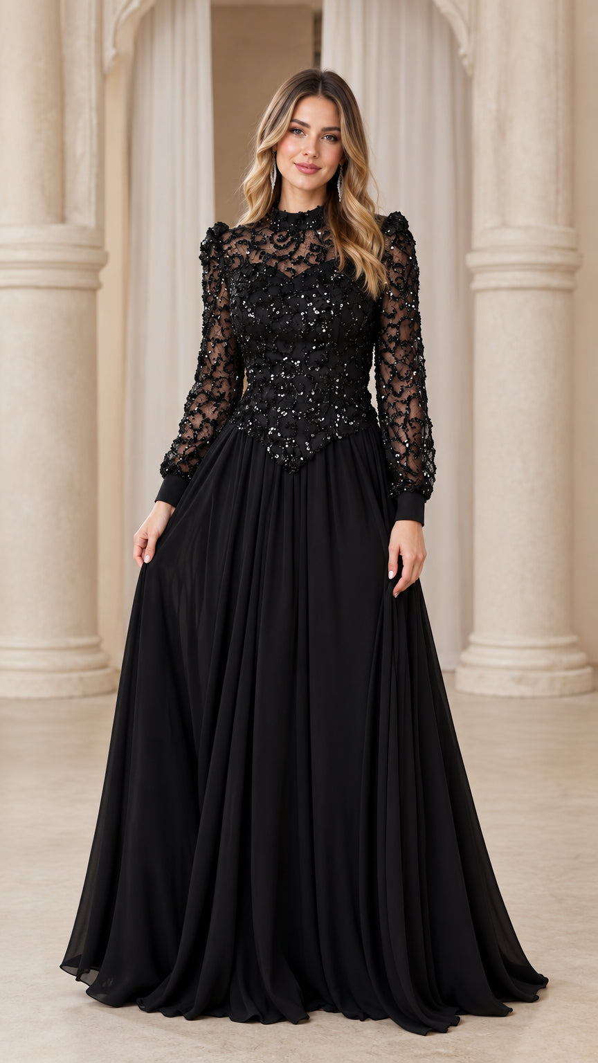 Front full view of woman wearing elegant black long sleeve beaded lace formal evening gown