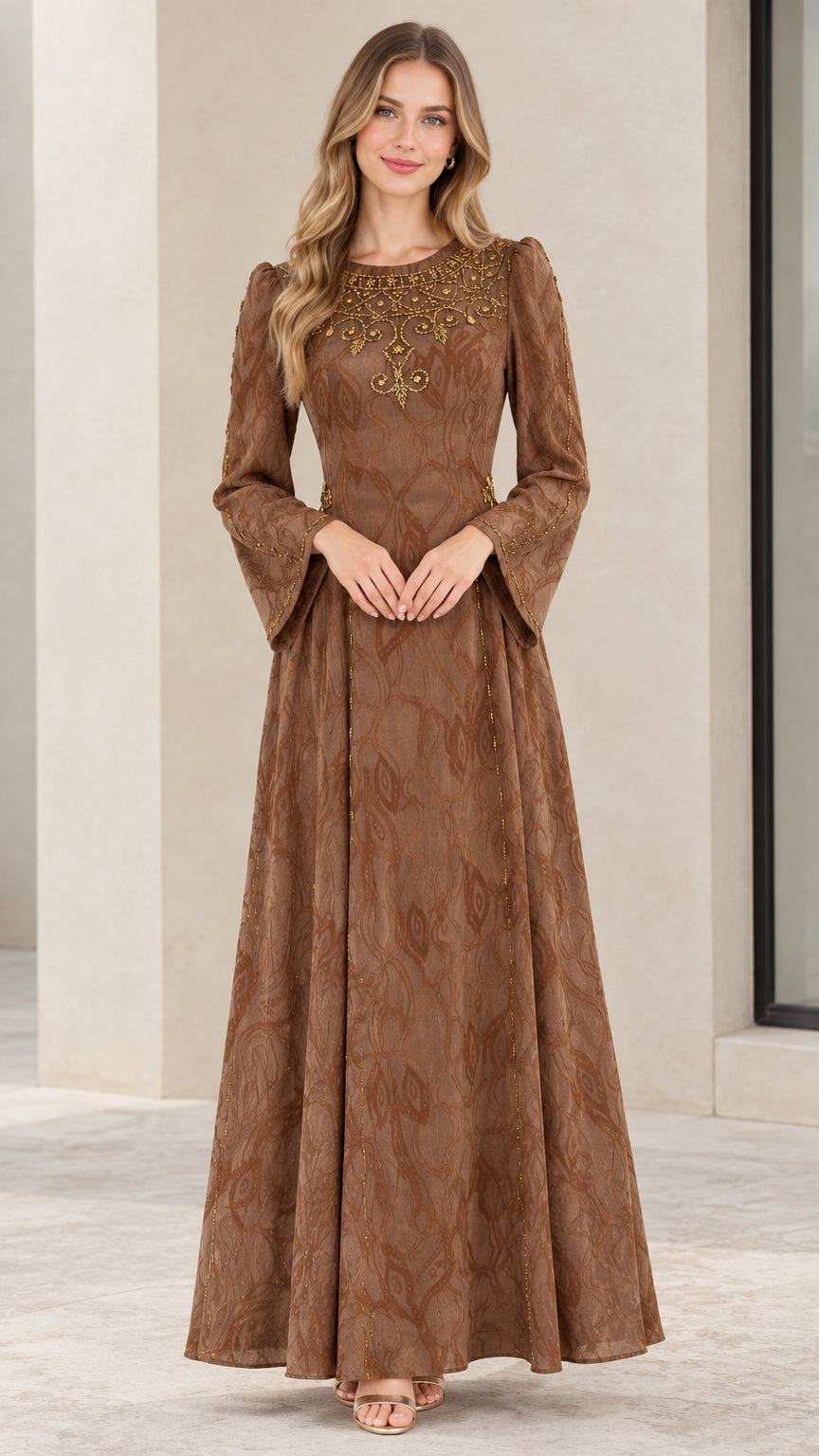 Front full-length view of woman wearing brown jacquard beaded maxi dress