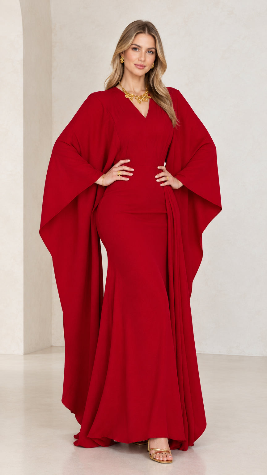 Front full-length view of model wearing red cape sleeve mermaid maxi evening gown