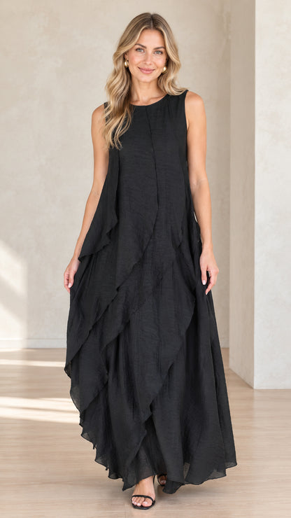 Front view of model wearing black sleeveless tiered maxi dress