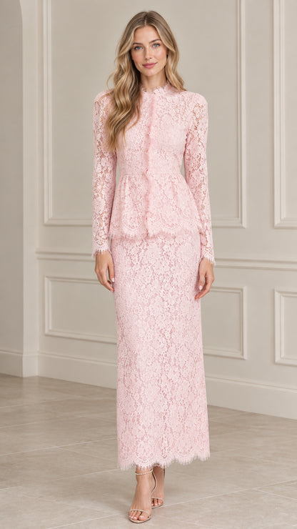 Front view of model wearing Blush Pink floral lace peplum long sleeve maxi dress