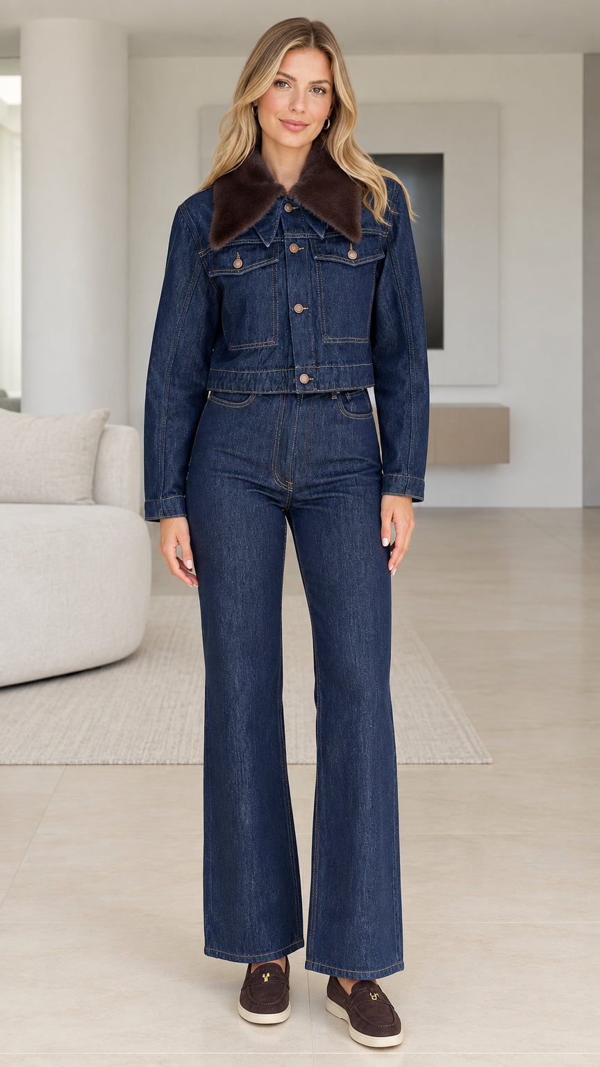 Front view of model wearing Indigo Blue cropped denim jacket with fur collar and flare pants set