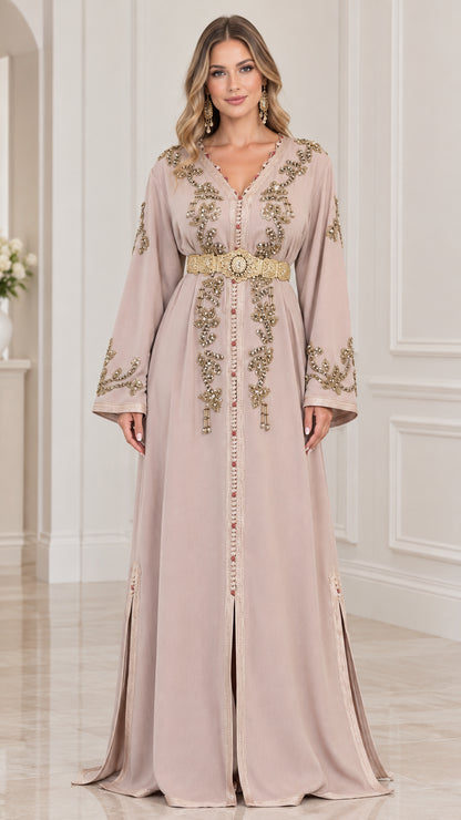 Front view of woman wearing Dusty Pink Moroccan embroidered kaftan maxi dress with gold belt