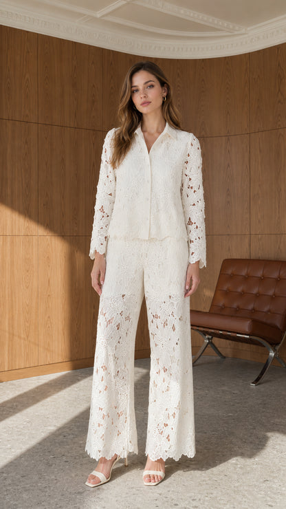 Front full view of ivory floral lace button-down shirt and matching wide leg pants set