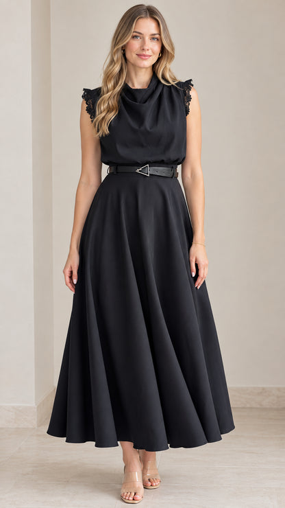 Front view of black sleeveless cowl neck midi dress with belt