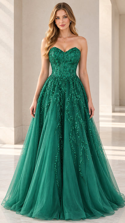 Strapless sweetheart sequin tulle ball gown in emerald green front view