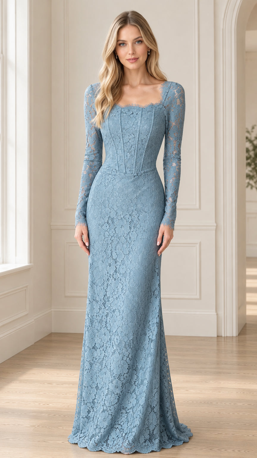 Front view of long sleeve dusty blue floral lace evening gown with corset bodice