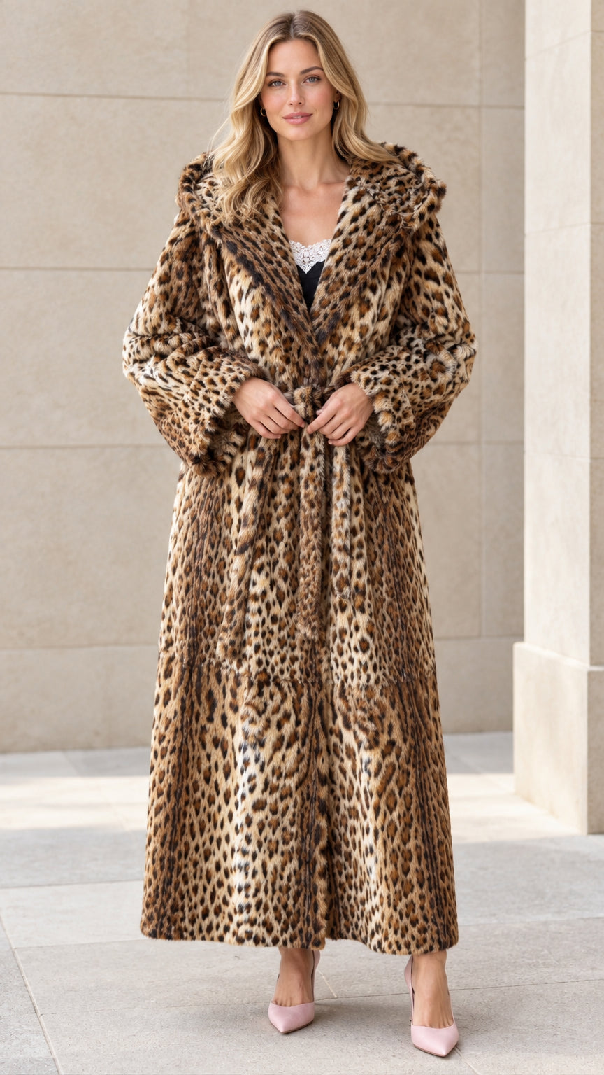 Front view of model wearing full-length brown leopard print hooded faux fur coat with tie belt