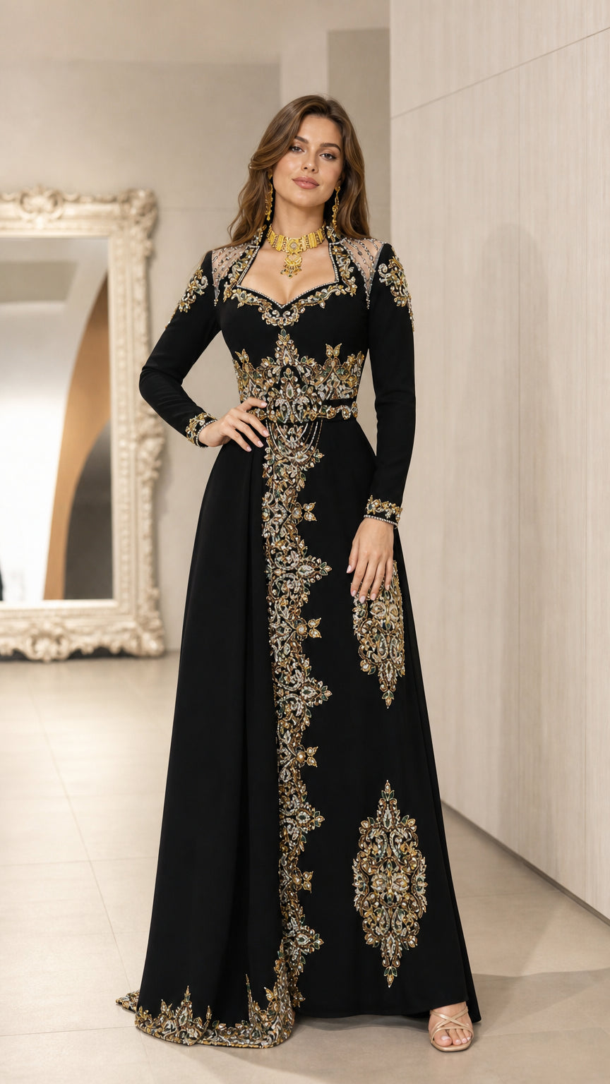 Front view of black embroidered long sleeve kaftan evening gown