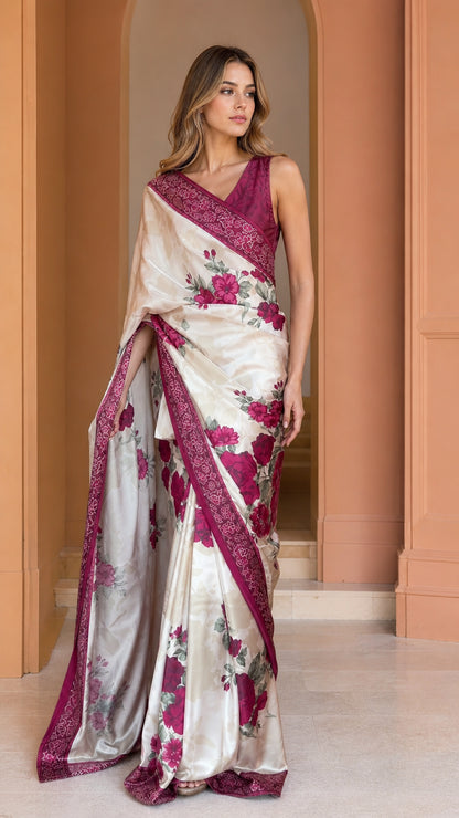Front view of cream floral satin saree with berry border and sleeveless blouse