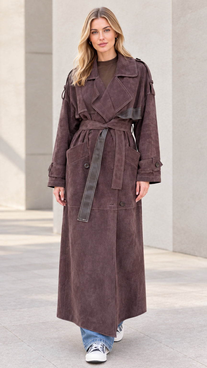 Front view of model wearing brown maxi suede-look trench coat with belt