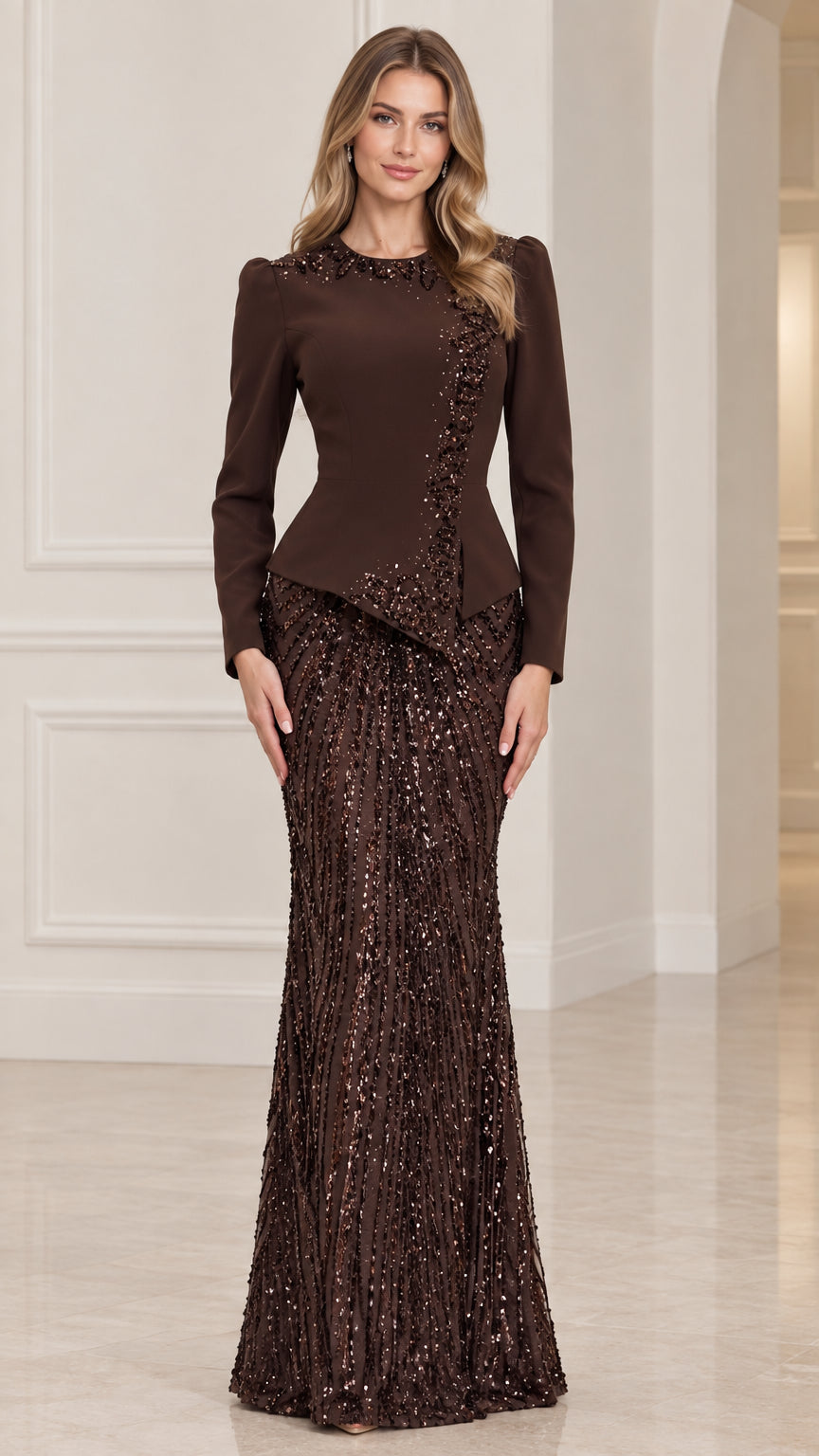 Front full view of chocolate brown sequined long sleeve peplum evening gown