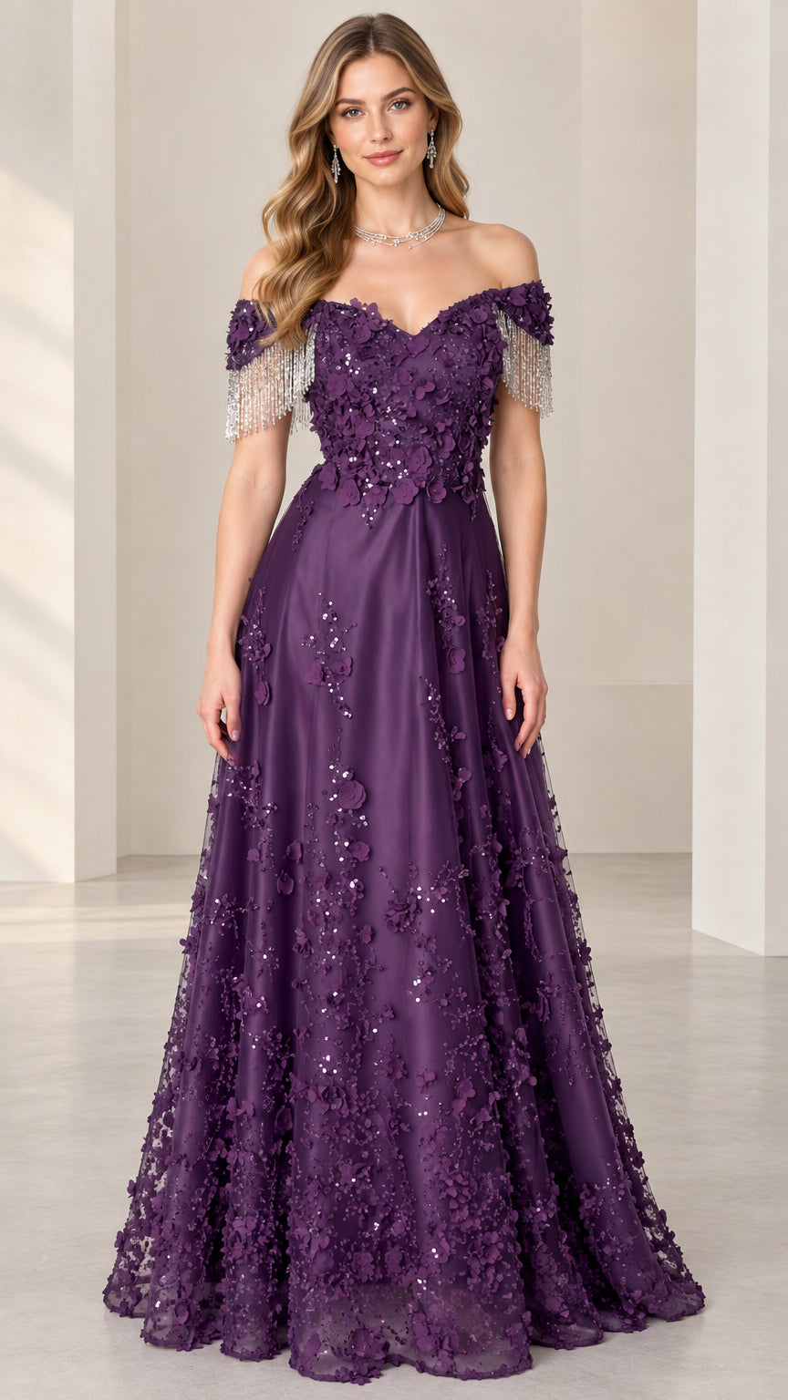 Front view of purple off-the-shoulder 3D floral appliqué evening gown with beaded fringe sleeves