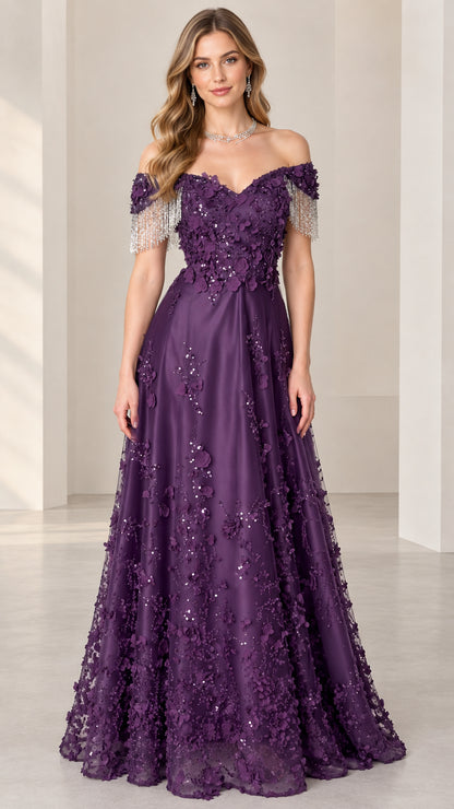 Front view of purple off-the-shoulder 3D floral appliqué evening gown with beaded fringe sleeves