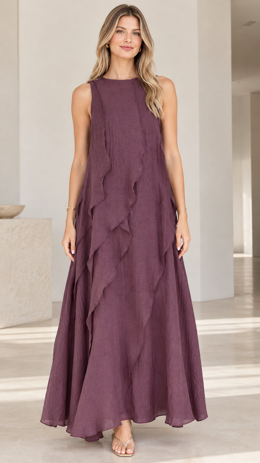 Front view of woman wearing Plum sleeveless cascading ruffle maxi dress
