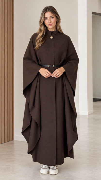 Women's brown stand collar belted maxi cape coat front view