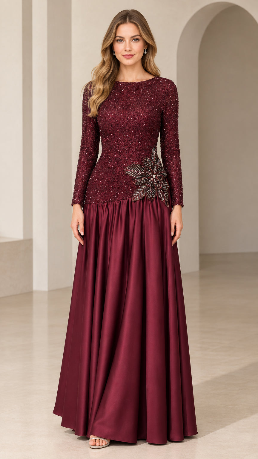 Burgundy long sleeve sequin drop waist formal maxi evening dress front view