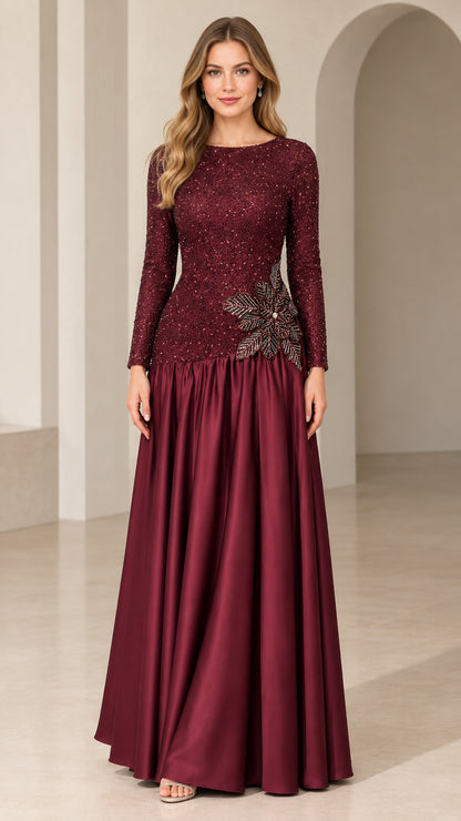 Burgundy long sleeve sequin drop waist formal maxi evening dress front view