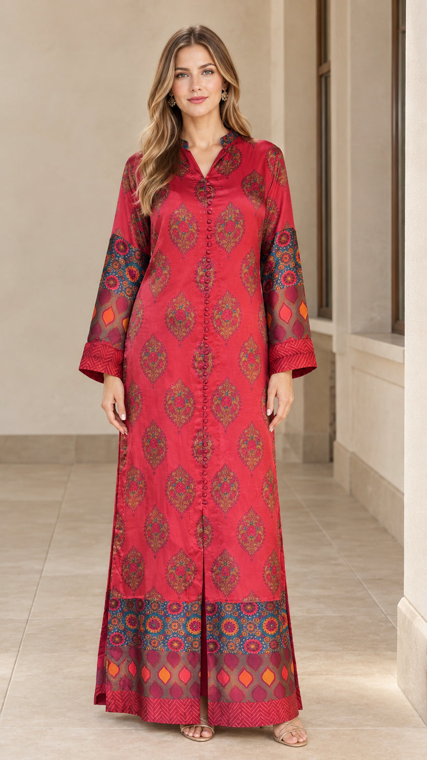 Full front view of model wearing Crimson Red bohemian print satin maxi dress