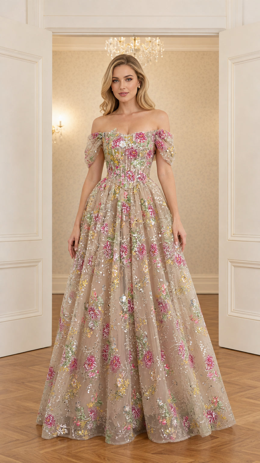Front view of model wearing champagne off-the-shoulder floral embroidered sequin ball gown