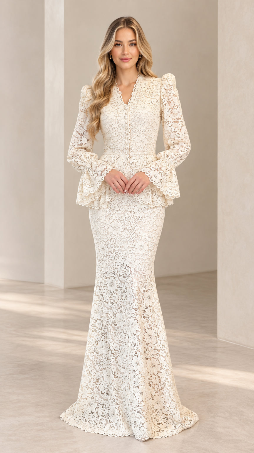 Front view of ivory floral lace peplum mermaid maxi dress with long bell sleeves