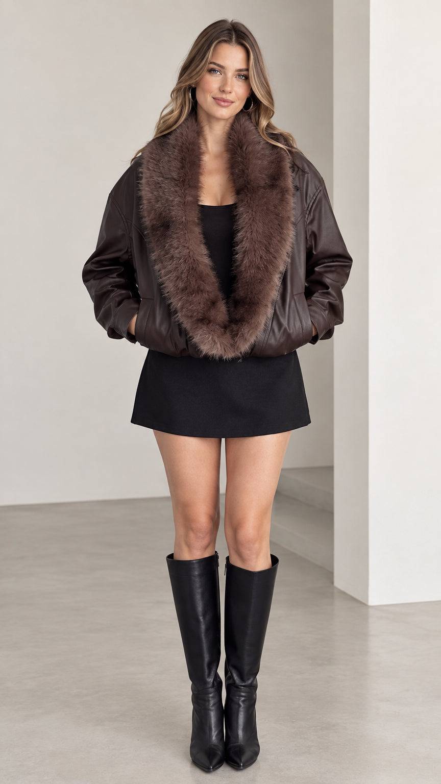 Front view of model wearing dark brown faux leather bomber jacket with plush fur collar