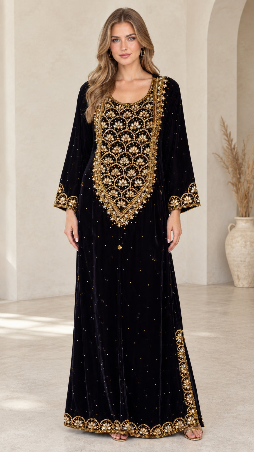 Black velvet kaftan maxi dress with elaborate gold embroidery front view