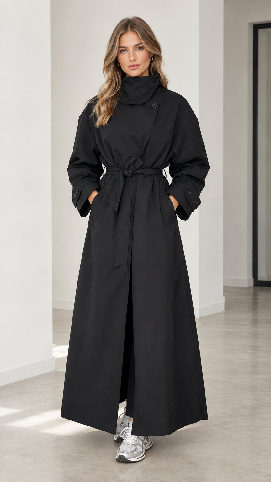Front full view of woman wearing full-length black high neck belted maxi trench coat