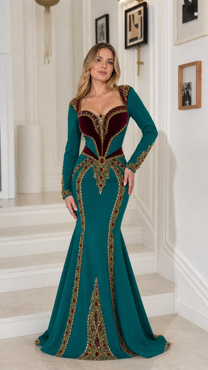 Full front view of teal long sleeve embroidered mermaid evening gown