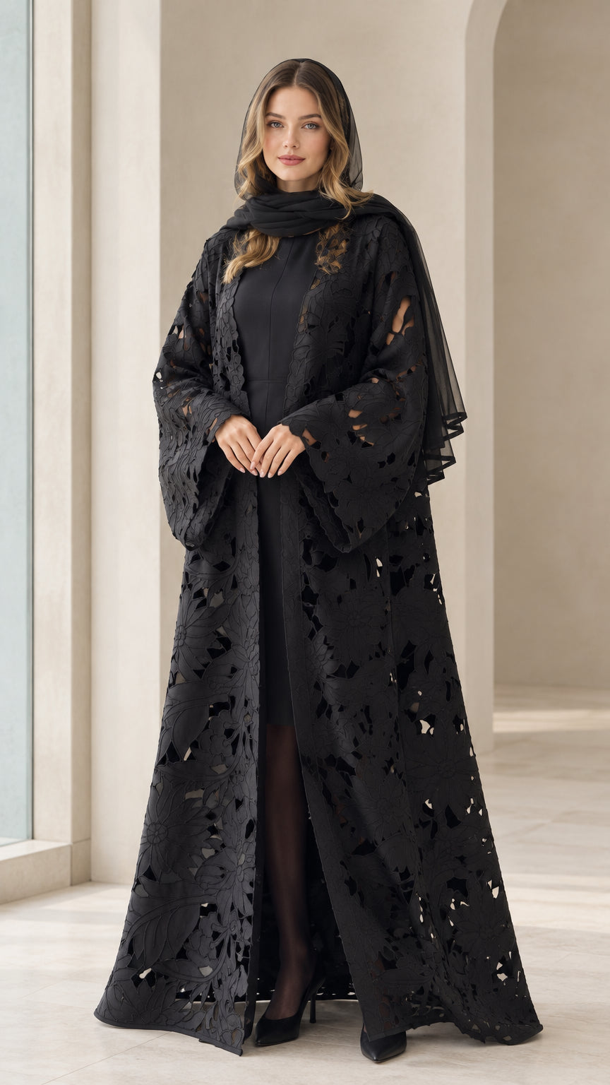 Full front view of model wearing black floral cutout open-front abaya set with matching scarf